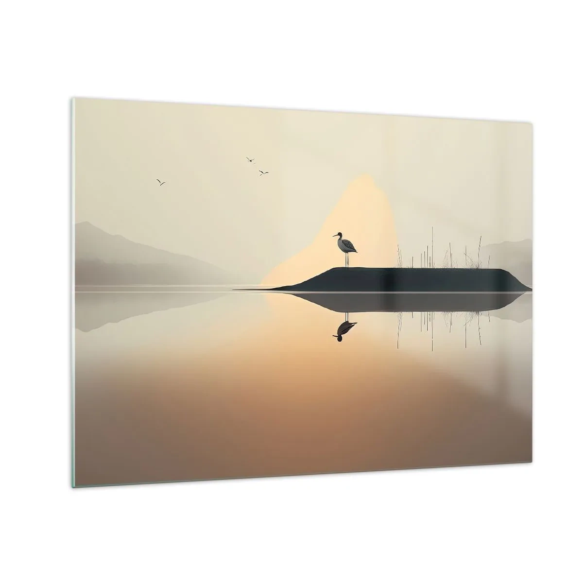 Glasbild - Bild auf glas - Ein Reiher steht auf einer Insel im ruhigen Wasser eines Sees - 70x50cm - Herr am See - Moderne Wanddekoration für Wohnzimmer und Schlafzimmer ARTTOR