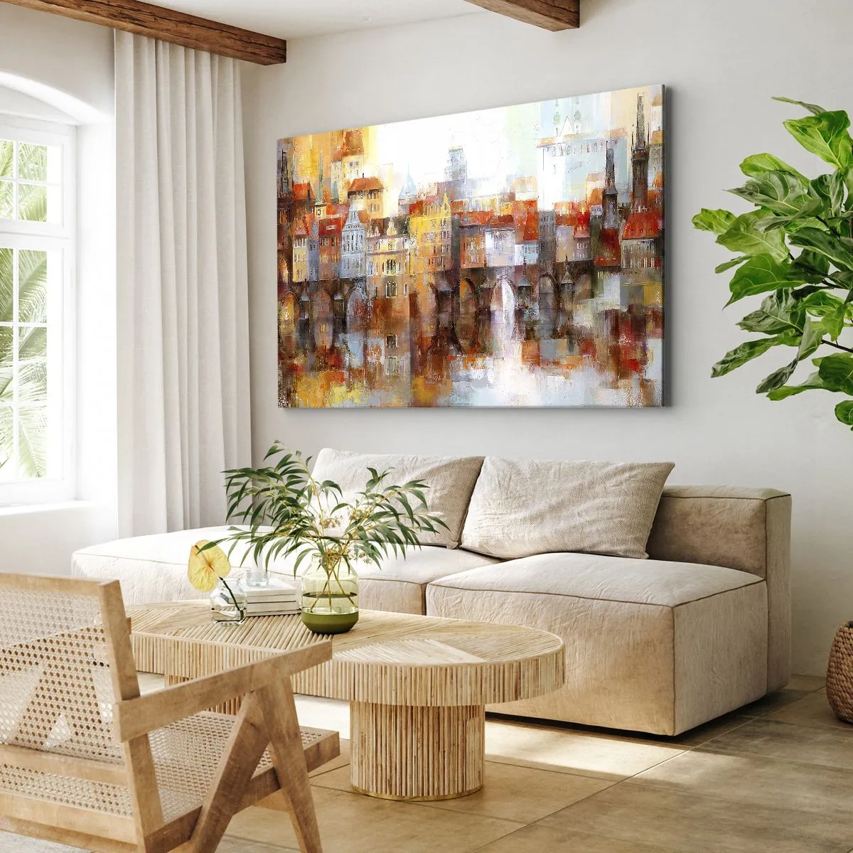 Bild auf Leinwand - Leinwandbild - Ein malerisches Panorama der Stadt mit einer Brücke in Herbstfarben - 70x50cm - Schön ist es auch unter der Brücke - Moderne Wanddekoration für Wohnzimmer und Schlafzimmer ARTTOR