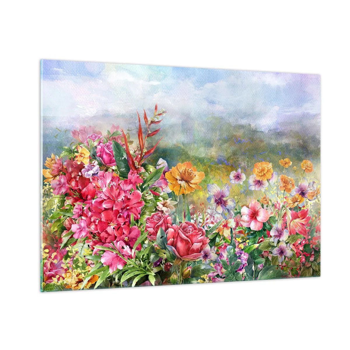 Glasbild - Bild auf glas - Ein Strauß bunter Blumen vor einer malerischen Landschaft - 100x70cm - Ein Garten, der verrückt geworden ist - Moderne Wanddekoration für Wohnzimmer und Schlafzimmer ARTTOR