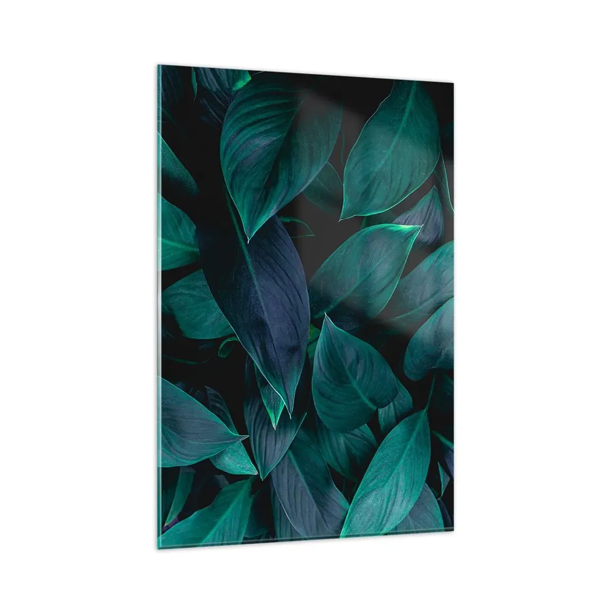 Glasbild - Bild auf glas - Nahaufnahme von grünen Blättern mit dunklem Hintergrund - 80x120cm - Grün in sich selbst - Moderne Wanddekoration für Wohnzimmer und Schlafzimmer ARTTOR