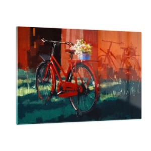 Glasbild - Bild auf glas - Ein rotes Fahrrad mit Blumen vor einem roten Gebäude - 120x80cm - Ich möchte mit meinem Fahrrad fahren - Moderne Wanddekoration für Wohnzimmer und Schlafzimmer ARTTOR