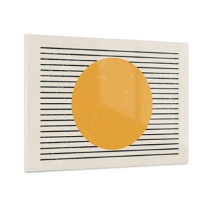 Glasbild - Bild auf glas - Ein orangefarbener Kreis vor einem Hintergrund aus horizontalen schwarzen Linien auf beigem Untergrund. - 70x50cm - Die Kraft der Einfachheit - Moderne Wanddekoration für Wohnzimmer und Schlafzimmer ARTTOR
