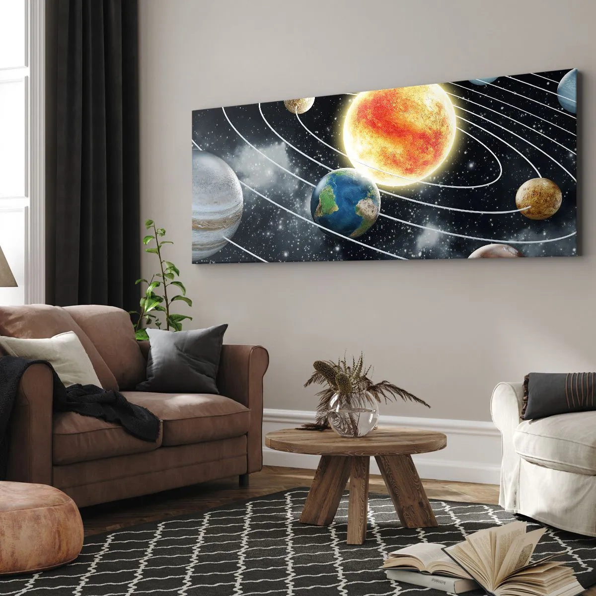 Bild auf Leinwand - Leinwandbild - Sonnensystem mit Planeten und Sonne im Weltraum - 160x50cm - Kosmischer Tanz - Moderne Wanddekoration für Wohnzimmer und Schlafzimmer ARTTOR