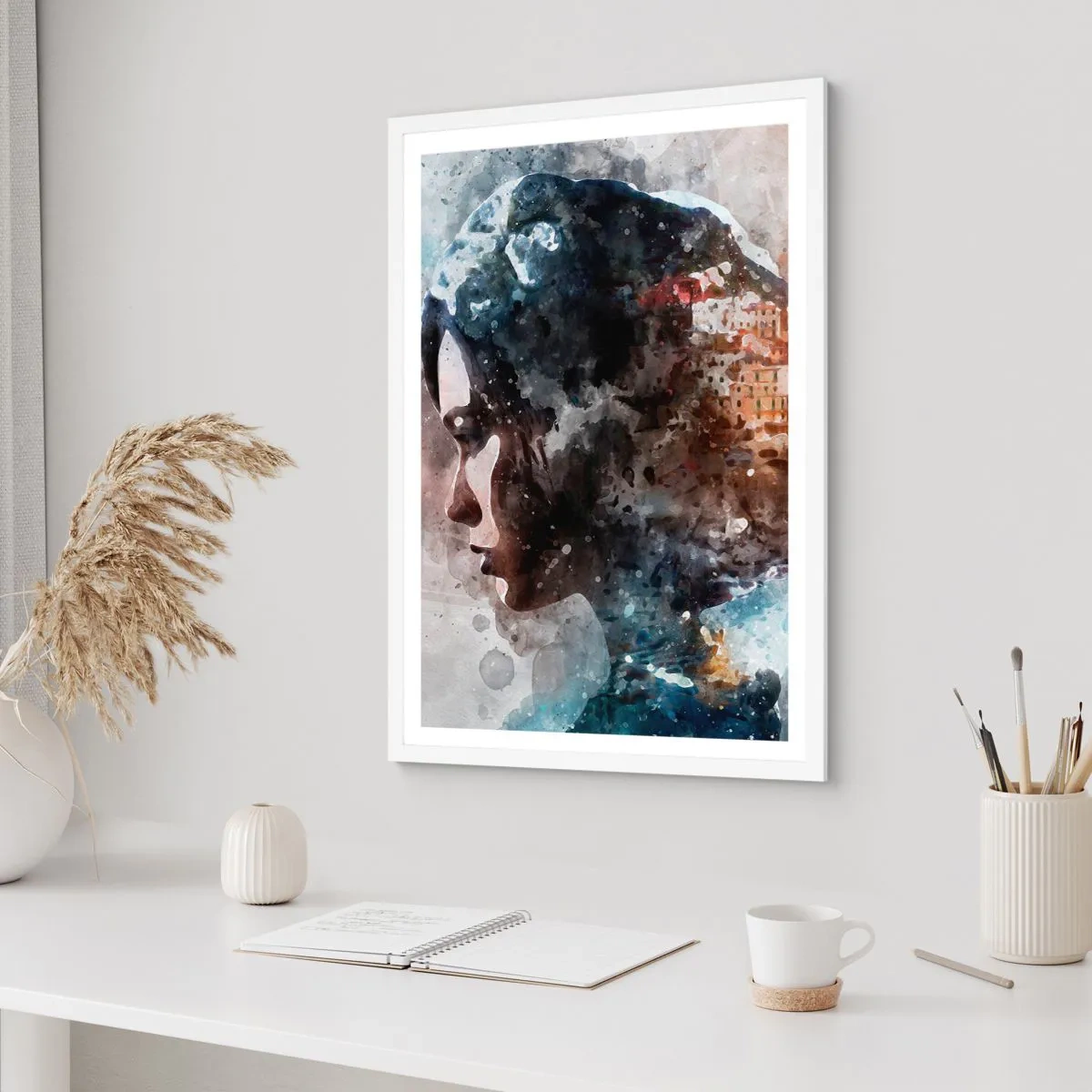 Poster in einem weißen Rahmen - Eine Geschichte über ein Mädchen mit einer Stadt im Hintergrund - 61x91 cm