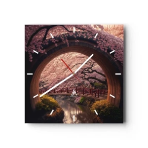 Wanduhr - Glasuhr - Eine traditionelle japanische Brücke, umgeben von Kirschblüten - 30x30cm - Japanischer Frühling - Moderne Wanddekoration für Wohnzimmer und Schlafzimmer ARTTOR