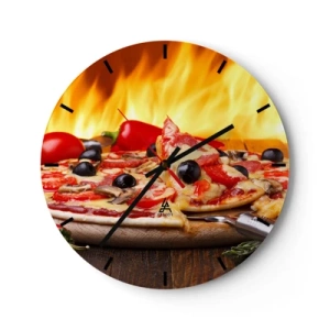 Wanduhr - Glasuhr - Pizza mit Oliven und Tomaten auf dem Feuer - 30x30cm - Aus Italien mit Liebe - Moderne Wanddekoration für Wohnzimmer, Küche und Schlafzimmer ARTTOR