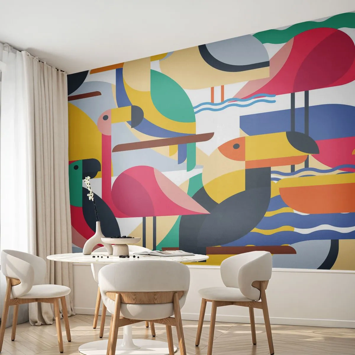 Fototapete Premium Canvas - Vogelparty - Abstraktion, Pelikan, Stück - 450x315 cm