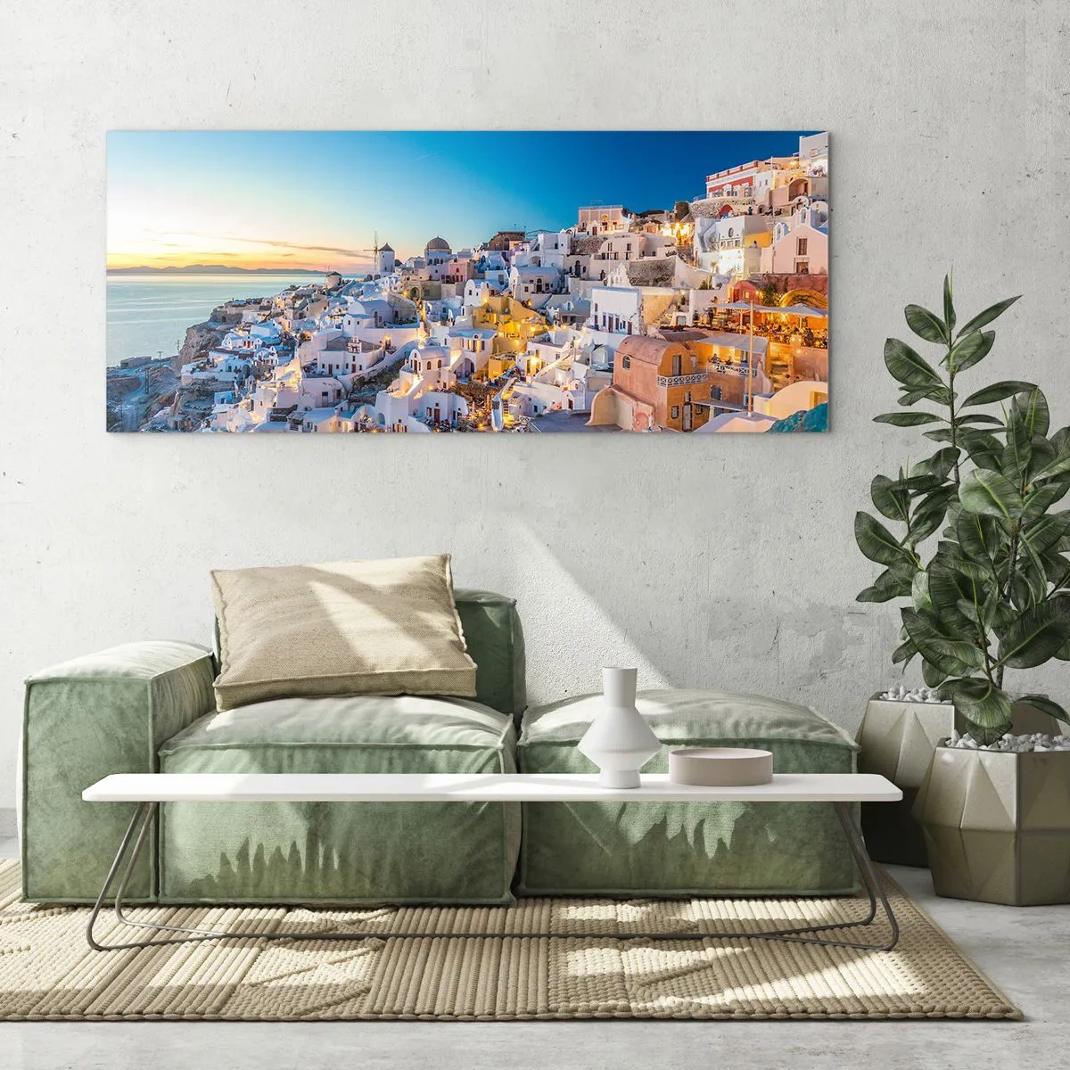 Glasbild - Bild auf glas - Blick auf eine griechische Stadt bei Sonnenuntergang - 120x50cm - Die Essenz des Griechischen - Moderne Wanddekoration für Wohnzimmer und Schlafzimmer ARTTOR