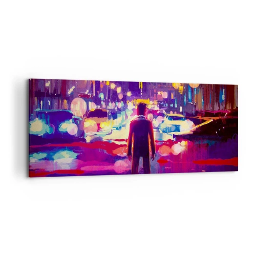Bild auf Leinwand - Leinwandbild - Ein Mann in einer neonfarbenen Nachtszene einer Stadt - 120x50cm - Eingetaucht in das Licht - Moderne Wanddekoration für Wohnzimmer und Schlafzimmer ARTTOR