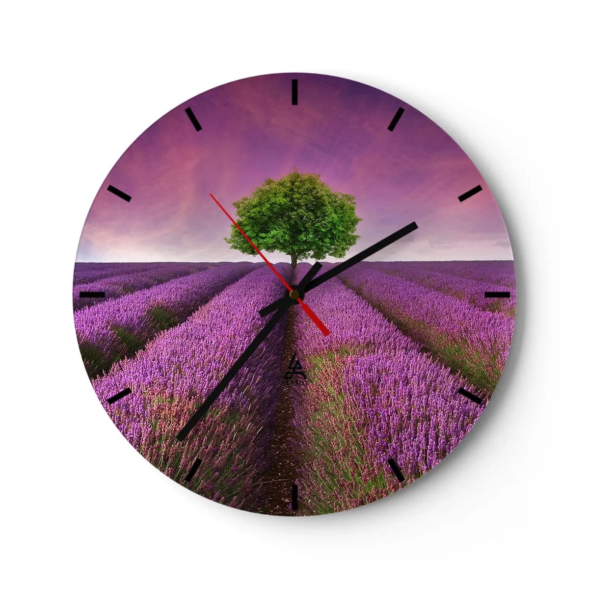 Wanduhr - Glasuhr - Ein Lavendelfeld mit einem einsamen Baum vor einem farbenfrohen Himmel - 30x30cm - Auf Lavendelfeldern - Moderne Wanddekoration für Wohnzimmer, Küche und Schlafzimmer ARTTOR