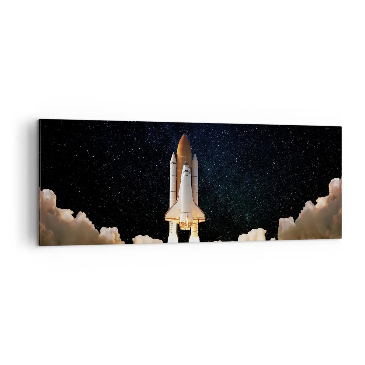 Bild auf Leinwand - Leinwandbild - Eine Weltraumrakete hebt vor dem Sternenhimmel ab - 140x50cm - Ad Astra! - Moderne Wanddekoration für Wohnzimmer und Schlafzimmer ARTTOR
