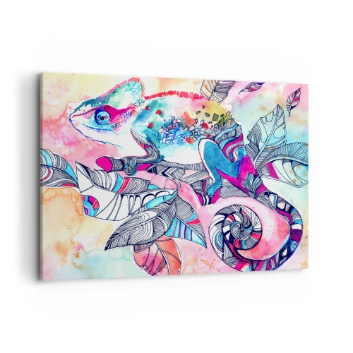 Bild auf Leinwand - Leinwandbild - Buntes Chamäleon auf abstraktem Blätterhintergrund - 100x70cm - So bunt wie unsere Welt - Moderne Wanddekoration für Wohnzimmer und Schlafzimmer ARTTOR