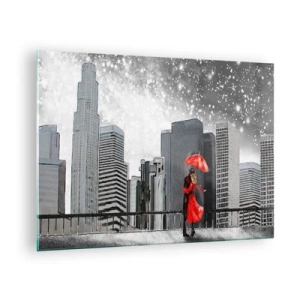 Glasbild - Bild auf glas - Ein Paar mit einem roten Regenschirm steht nachts vor einer Stadtlandschaft - 70x50cm - Der Mensch ist kein Stein - Moderne Wanddekoration für Wohnzimmer und Schlafzimmer ARTTOR