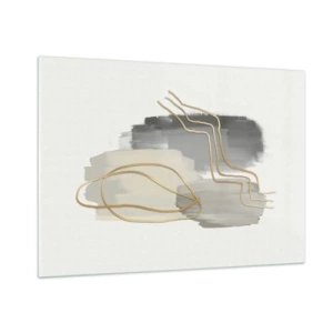 Glasbild - Bild auf glas - Abstraktion mit grauen Flecken und goldenen Linien auf hellem Hintergrund - 100x70cm - Dauer und Bewegung - Moderne Wanddekoration für Wohnzimmer und Schlafzimmer ARTTOR