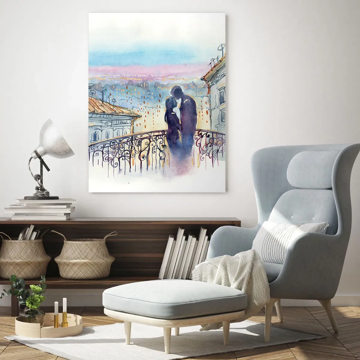 Glasbild - Bild auf glas - Paar auf dem Balkon genießt romantischen Sonnenuntergang - 50x70cm - Paris-Liebhaber - Moderne Wanddekoration für Wohnzimmer und Schlafzimmer ARTTOR