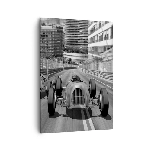 Bild auf Leinwand - Leinwandbild - Monochrome Retro-Autorennen-Szene - 50x70cm - Vor langer Zeit in Monte Carlo - Moderne Wanddekoration für Wohnzimmer und Schlafzimmer ARTTOR