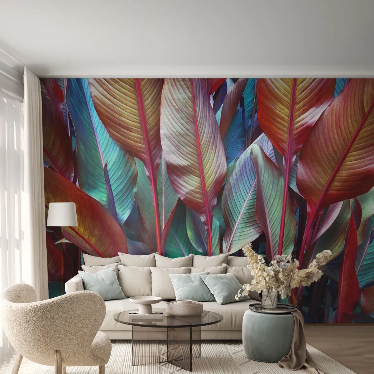 Fototapete Premium Sand - Bunte Blätter in tropischer Dichte - 100x70cm - Buntes Dickicht - Moderne Wanddekoration für Wohnzimmer und Schlafzimmer ARTTOR