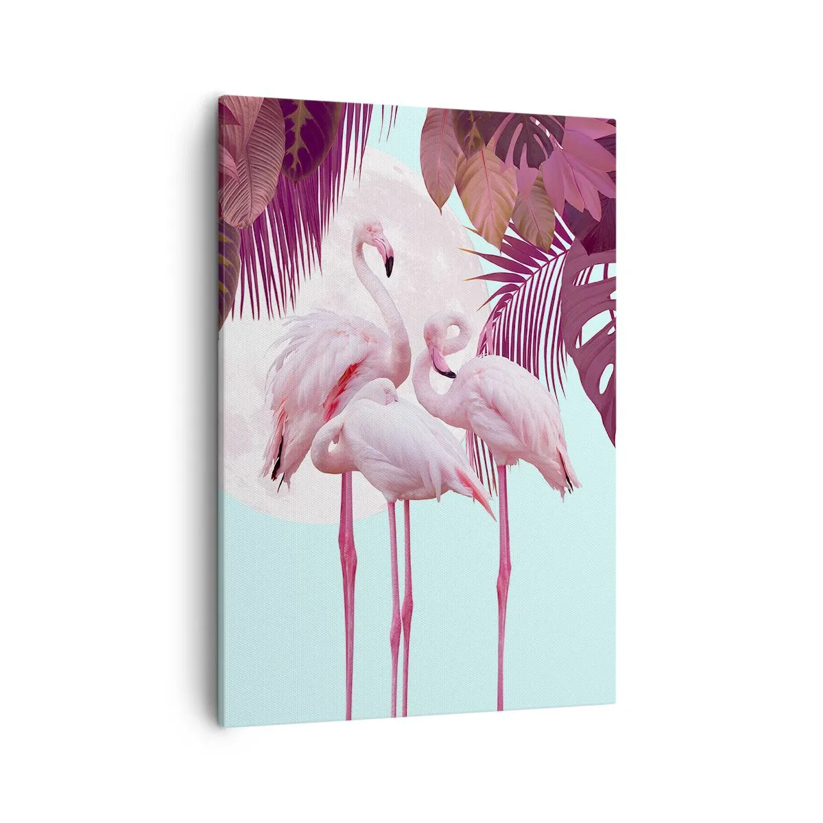 Bild auf Leinwand - Leinwandbild - Rosa Flamingos vor dem Hintergrund des Mondes und tropischer Blätter - 50x70cm - Drei Vogelgnaden - Moderne Wanddekoration für Wohnzimmer und Schlafzimmer ARTTOR