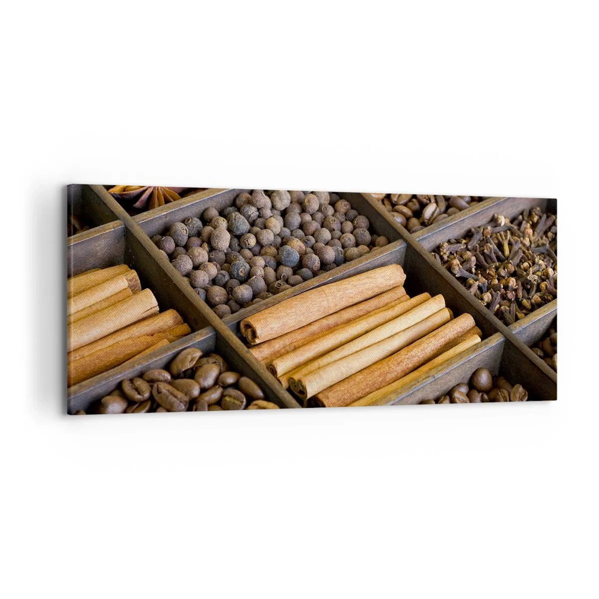 Bild auf Leinwand - Leinwandbild - Gewürze und Kaffee in Holzfächern - 120x50cm - Eine Fundgrube an Aromen - Moderne Wanddekoration für Wohnzimmer und Schlafzimmer ARTTOR