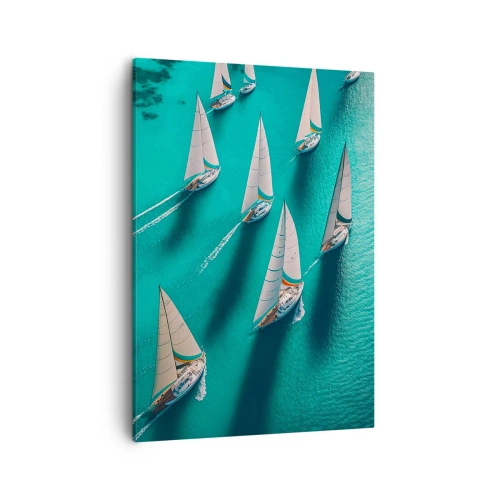 Bild auf Leinwand - Leinwandbild - Yachten auf türkisfarbenem Wasser in dynamischer Bewegung - 50x70cm - Im Wettbewerb mit dem Wind - Moderne Wanddekoration für Wohnzimmer und Schlafzimmer ARTTOR