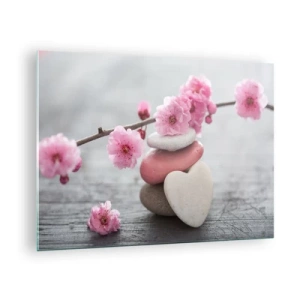 Glasbild - Bild auf glas - Rosa Kirschblüten und herzförmige Steine - 70x50cm - Glückseligkeit mit einer Kirschblüte - Moderne Wanddekoration für Wohnzimmer und Schlafzimmer ARTTOR