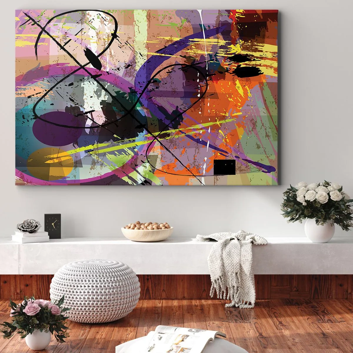 Bild auf Leinwand - Leinwandbild - Ein farbenfrohes abstraktes Muster mit dynamischen Linien und Formen. - 70x50cm - Du kannst geradeaus oder umhergehen - Moderne Wanddekoration für Wohnzimmer und Schlafzimmer ARTTOR