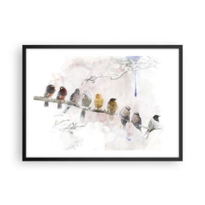 Poster in einem schwarzem Rahmen - Bunte Vögel auf einem Ast im Aquarellstil - 70x50cm - Geflügeltes Treffen - Moderne Wanddekoration für Wohnzimmer und Schlafzimmer ARTTOR