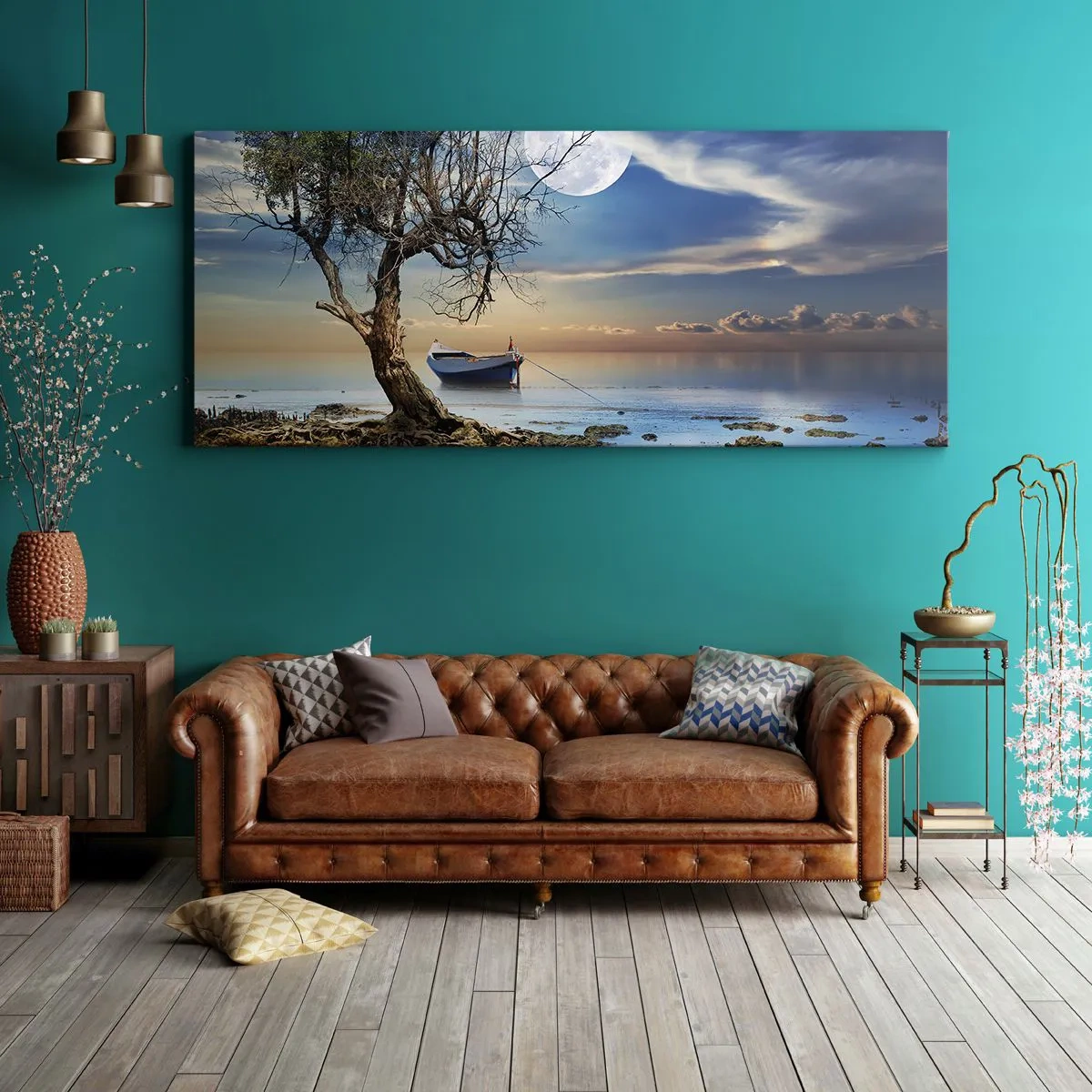 Bild auf Leinwand - Leinwandbild - Ein einsamer Baum und ein Boot auf ruhigem Wasser unter Vollmond. - 140x50cm - Ist das das Ende oder der Anfang? - Moderne Wanddekoration für Wohnzimmer und Schlafzimmer ARTTOR
