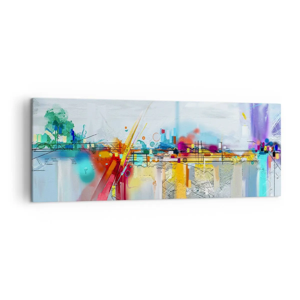 Bild auf Leinwand - Leinwandbild - Abstrakte Landschaft mit bunten Akzenten - 140x50cm - Freudenbrücke über den Fluss des Lebens - Moderne Wanddekoration für Wohnzimmer und Schlafzimmer ARTTOR