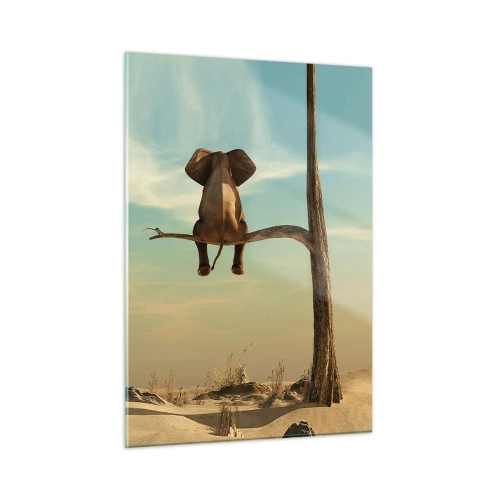 Glasbild - Bild auf glas - Ein Elefant auf einem Ast in einer surrealen Umgebung - 50x70cm - Neuer Blickwinkel - Moderne Wanddekoration für Wohnzimmer und Schlafzimmer ARTTOR