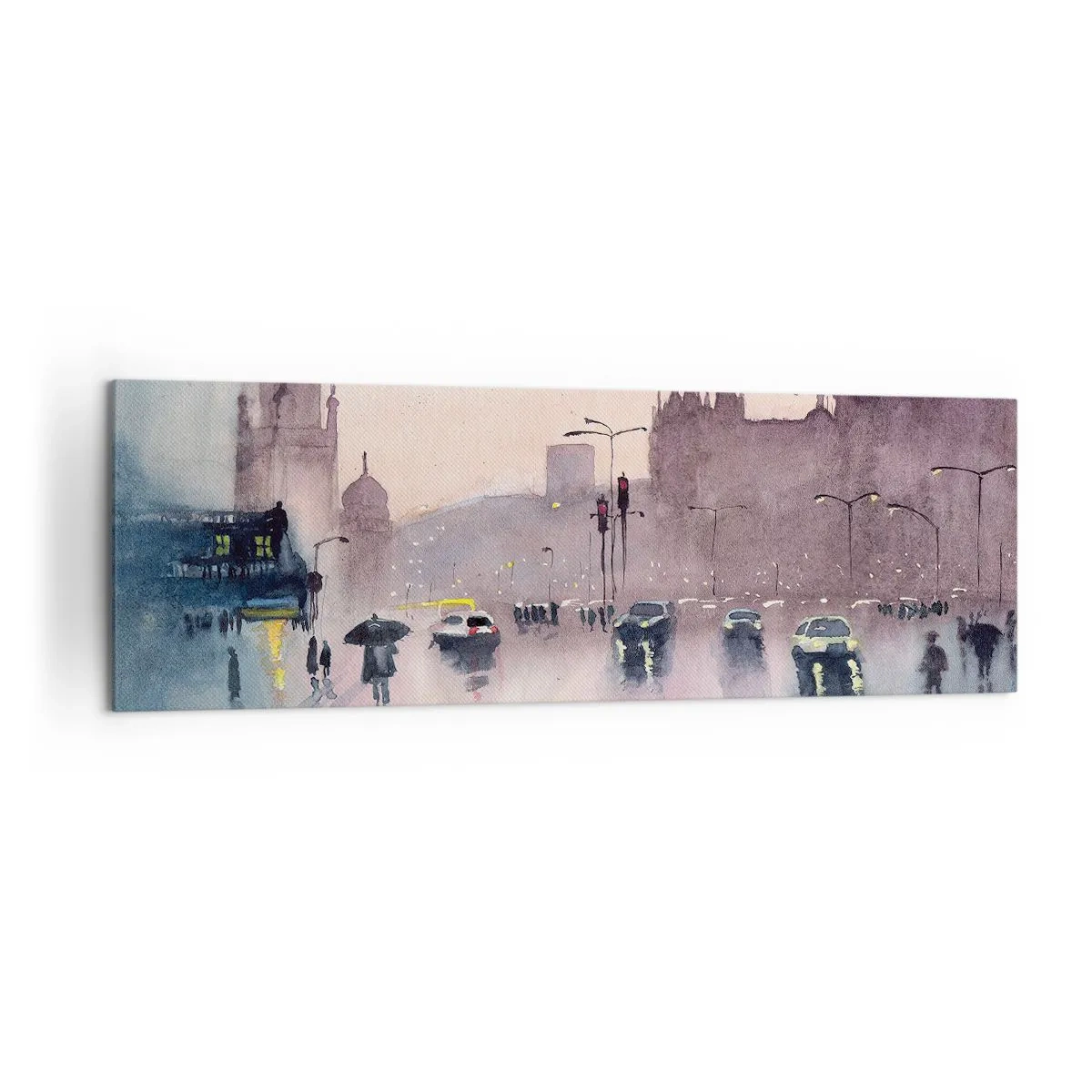 Bild auf Leinwand - Leinwandbild - Eine Stadtstraße in der Abenddämmerung im Aquarellstil - 160x50cm - Im regnerischen Dunst - Moderne Wanddekoration für Wohnzimmer und Schlafzimmer ARTTOR