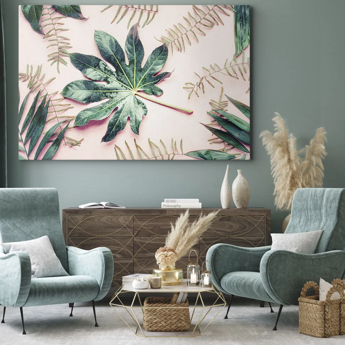 Bild auf Leinwand - Leinwandbild - Tropische Blätter auf hellem Pastellhintergrund - 70x50cm - Eine Studie von Grün auf einem rosa Hintergrund - Moderne Wanddekoration für Wohnzimmer und Schlafzimmer ARTTOR