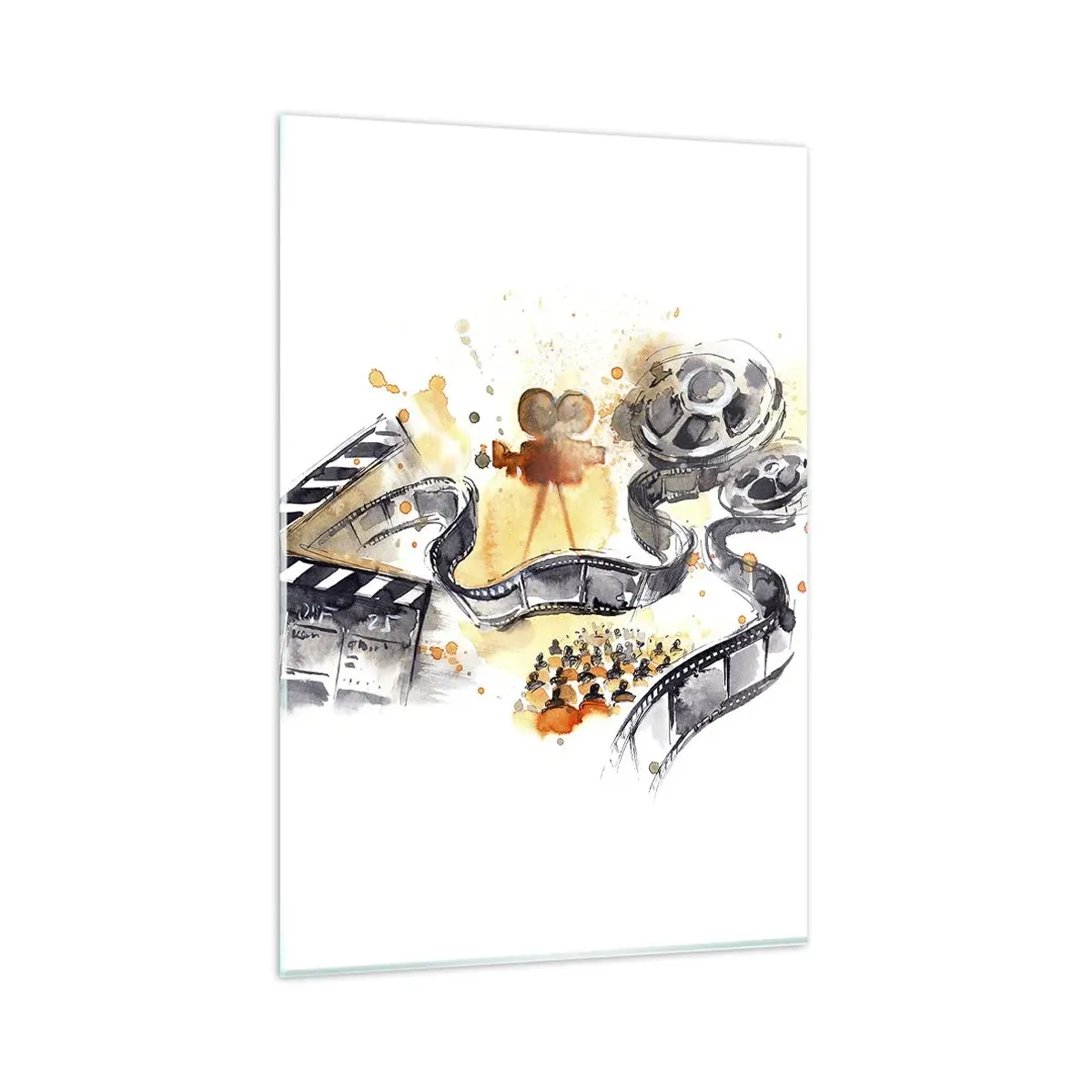 Glasbild - Bild auf glas - Die Symbolik des Kinos mit einem Filmstreifen in einem künstlerischen Aquarell - 80x120cm - Im Land der Träume - Moderne Wanddekoration für Wohnzimmer und Schlafzimmer ARTTOR