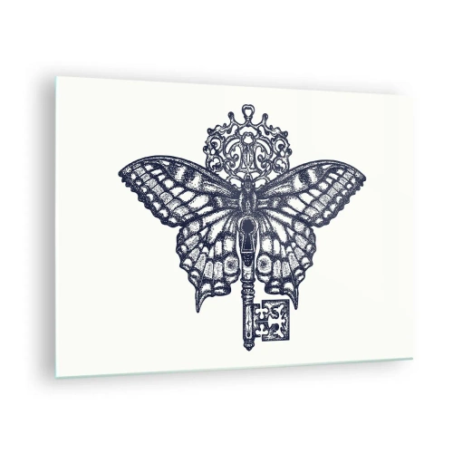 Glasbild - Bild auf glas - Abbildung eines Schmetterlings mit einem Schlüssel in der Mitte - 70x50cm - Alle Geheimnisse des Herzens - Moderne Wanddekoration für Wohnzimmer und Schlafzimmer ARTTOR