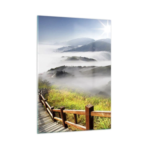 Glasbild - Bild auf glas - Berglandschaft mit Nebel und einem Holzweg bei Sonnenaufgang - 50x70cm - Gewebt aus Lichtschein und Nebel - Moderne Wanddekoration für Wohnzimmer und Schlafzimmer ARTTOR