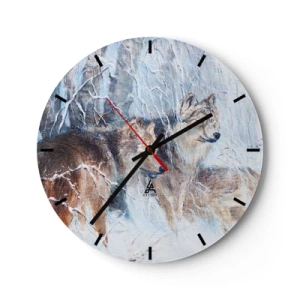 Wanduhr - Glasuhr - Ein Wolf in einer Winterlandschaft, umgeben von verschneiten Bäumen - 30x30cm - Beachtung! Hier kommt ... - Moderne Wanddekoration für Wohnzimmer, Küche und Schlafzimmer ARTTOR