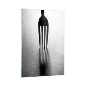 Glasbild - Bild auf glas - Eine Gabel wirft einen Schatten in einer minimalistischen Schwarz-Weiß-Komposition - 50x70cm - Licht und Schatten - Moderne Wanddekoration für Wohnzimmer und Schlafzimmer ARTTOR