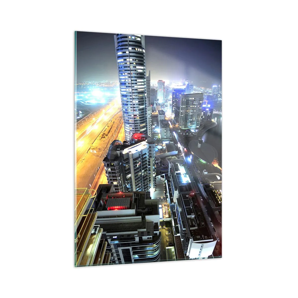 Glasbild - Bild auf glas - Panorama der nächtlichen Stadt mit beleuchteten Wolkenkratzern - 50x70cm - Ein Wunder in der Wüste - Moderne Wanddekoration für Wohnzimmer und Schlafzimmer ARTTOR