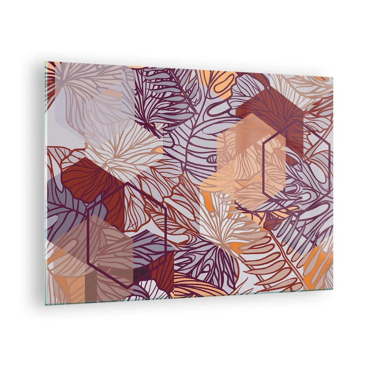 Glasbild - Bild auf glas - Grafische Blätter vor einem Hintergrund aus geometrischen Formen - 70x50cm - Unmögliche Beziehung zwischen Geometrie und Natur - Moderne Wanddekoration für Wohnzimmer und Schlafzimmer ARTTOR