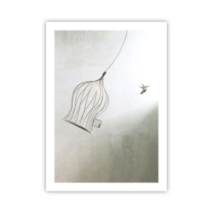Poster - Ein Vogel, der seinen Käfig im minimalistischen Stil verlässt. - 50x70cm - In seinem Element - Moderne Wanddekoration für Wohnzimmer und Schlafzimmer ARTTOR