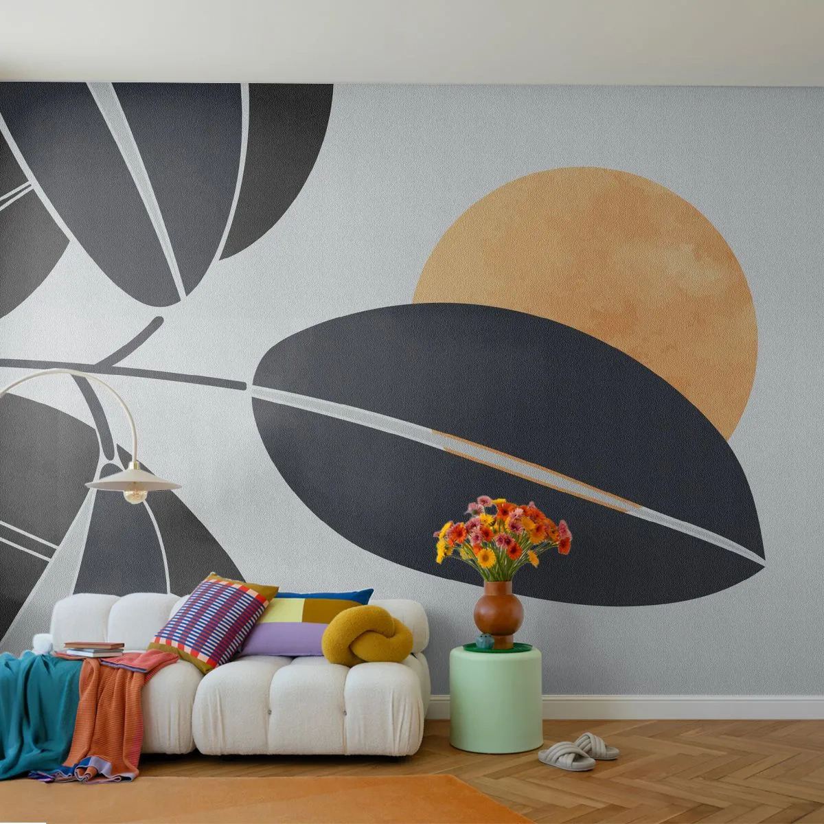Fototapete Premium Sand - Abstrakte Blätter und orange Sonne auf hellem Hintergrund - 100x70cm - Heißer Sommertag - Moderne Wanddekoration für Wohnzimmer und Schlafzimmer ARTTOR