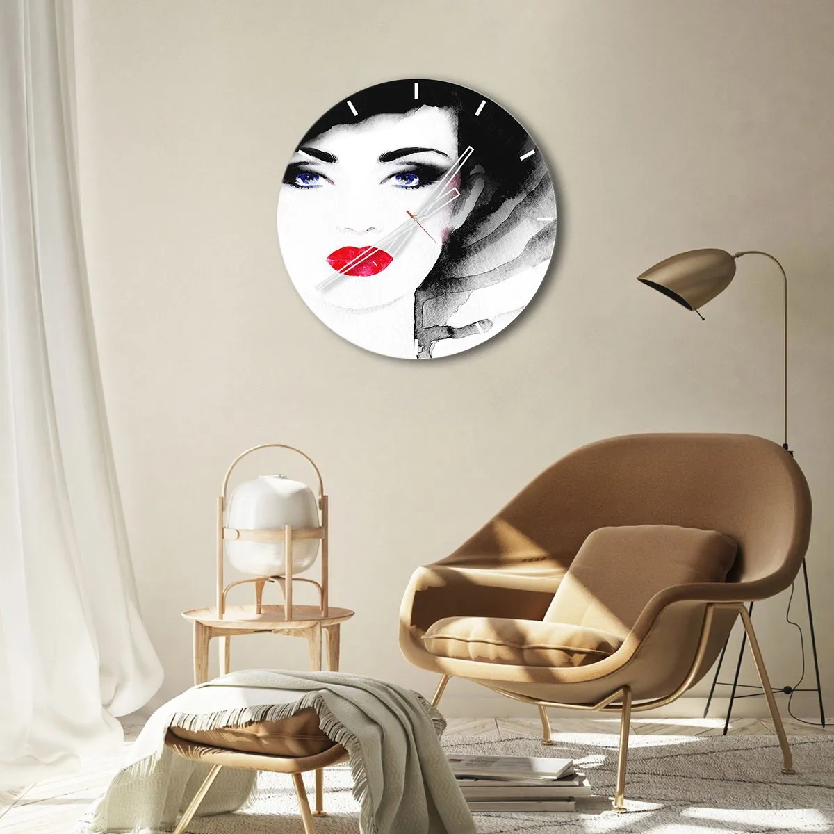 Wanduhr - Glasuhr - Porträt einer Frau mit roten Lippen und intensiven blauen Augen - 30x30cm - Er drückt zurück und ruft an - Moderne Wanddekoration für Wohnzimmer, Küche und Schlafzimmer ARTTOR