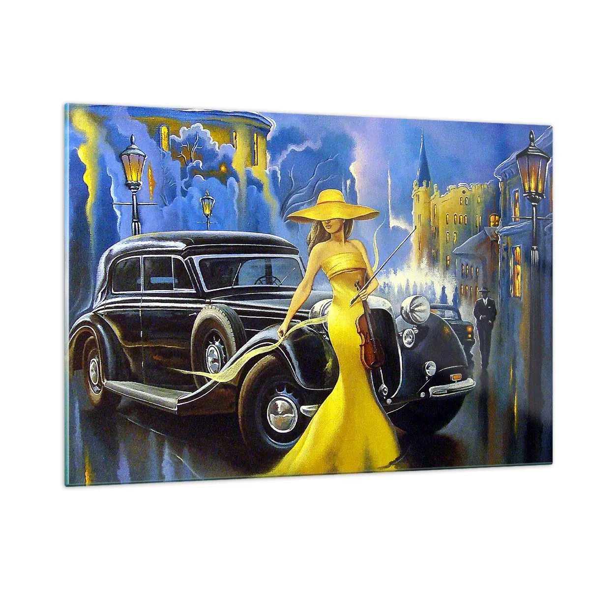 Glasbild - Bild auf glas - Eine Frau in einem gelben Kleid neben einem Oldtimer - 120x80cm - Nocturne für Violine und Liebe - Moderne Wanddekoration für Wohnzimmer und Schlafzimmer ARTTOR
