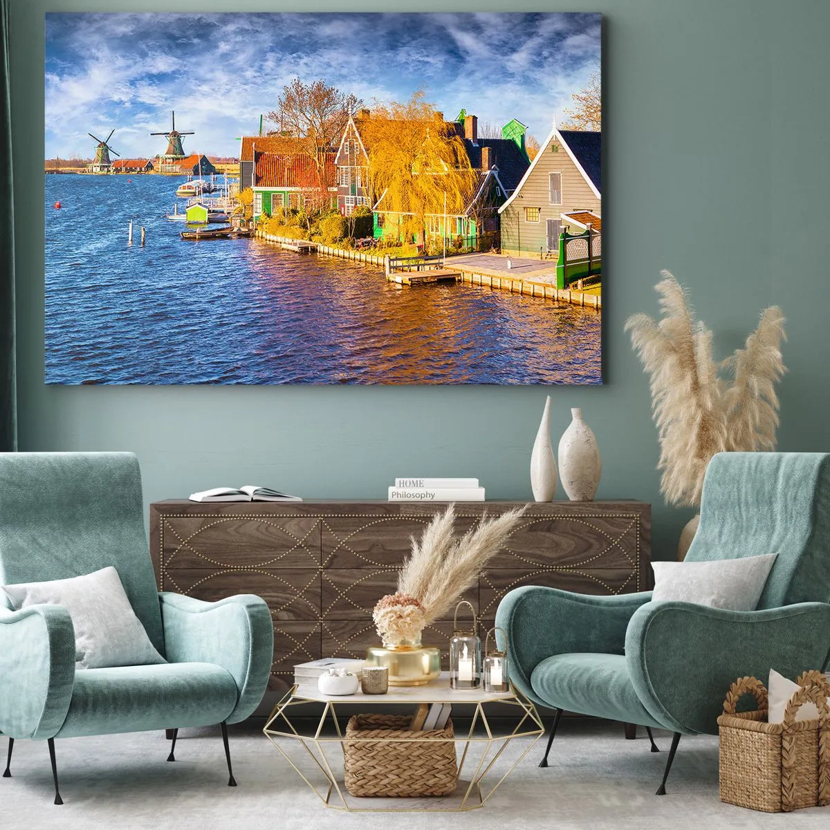 Bild auf Leinwand - Leinwandbild - Malerische Häuser und Windmühlen am Wasser - 100x70cm - Seit Jahrhunderten keine Veränderung - Moderne Wanddekoration für Wohnzimmer und Schlafzimmer ARTTOR