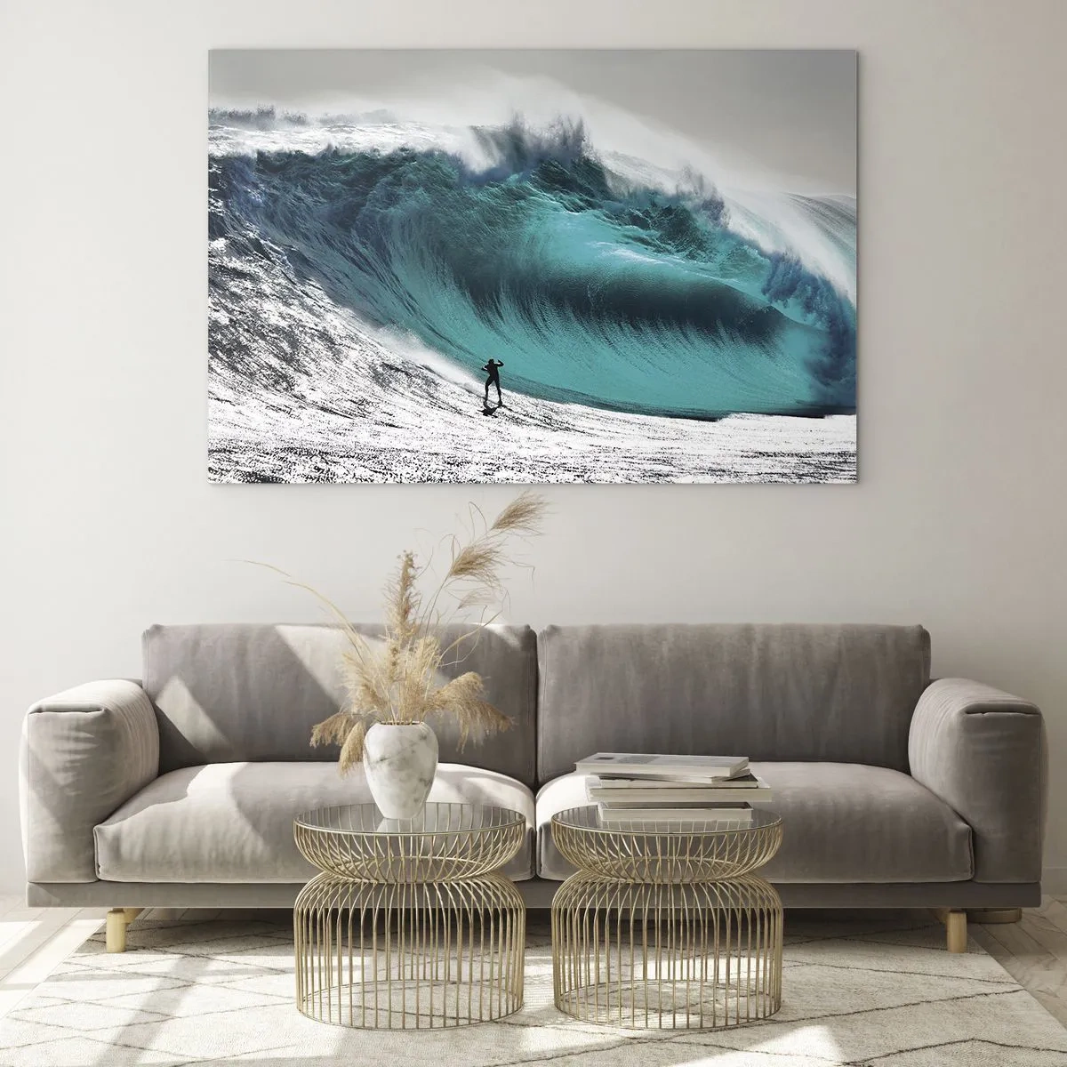 Glasbild - Bild auf glas - Ein Surfer vor einer riesigen Welle - 70x50cm - Herausforderung angenommen - Moderne Wanddekoration für Wohnzimmer und Schlafzimmer ARTTOR