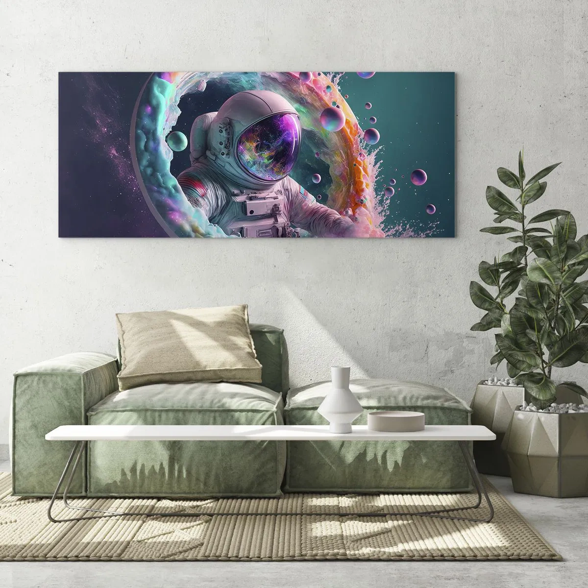 Glasbild - Bild auf glas - Astronaut in einer farbenfrohen kosmischen Aura - 120x50cm - Sternentor - Moderne Wanddekoration für Wohnzimmer und Schlafzimmer ARTTOR