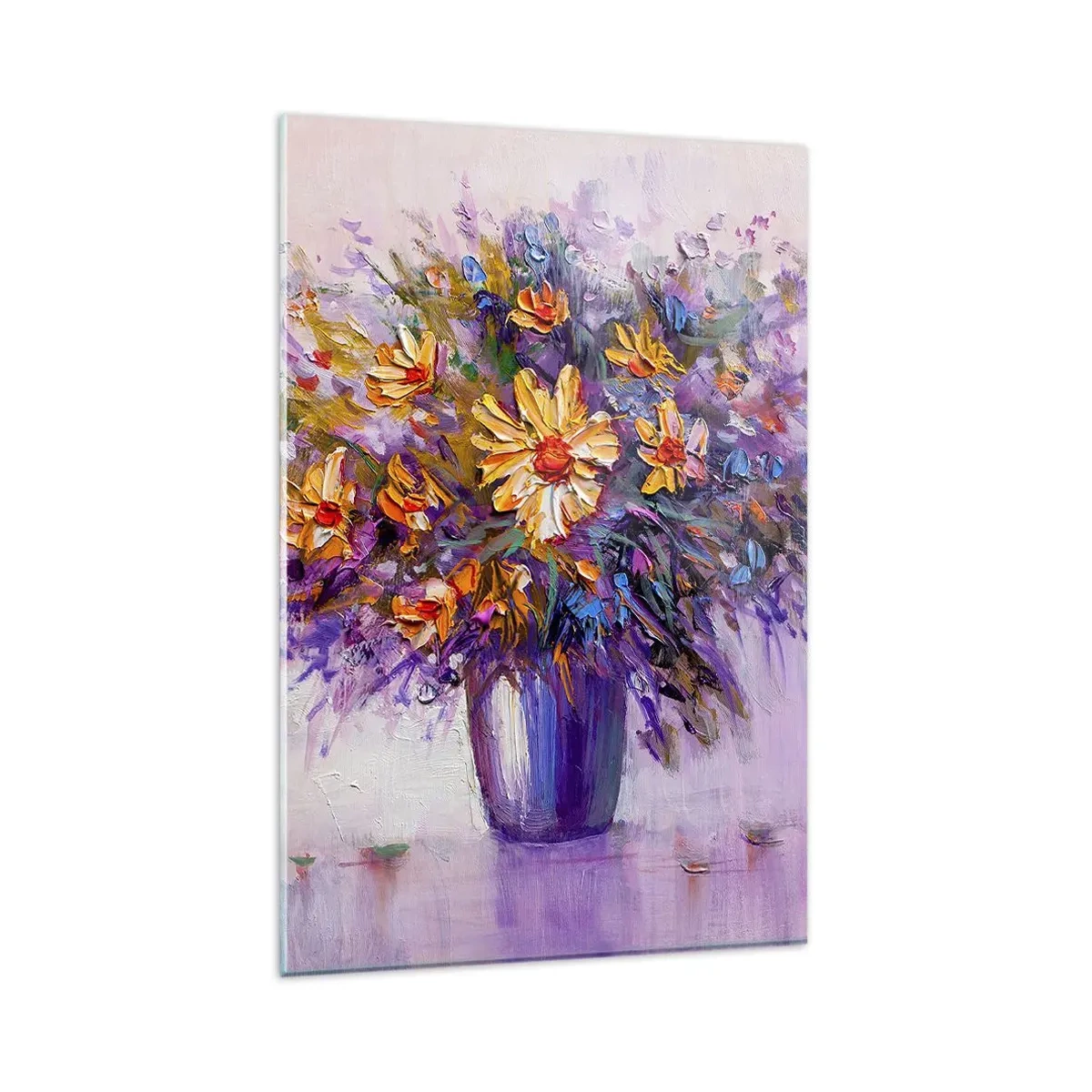Glasbild - Bild auf glas - Ein Blumenstrauß in einer Vase auf pastellfarbenem Hintergrund - 80x120cm - Es riecht süß, sieht süß aus - Moderne Wanddekoration für Wohnzimmer und Schlafzimmer ARTTOR