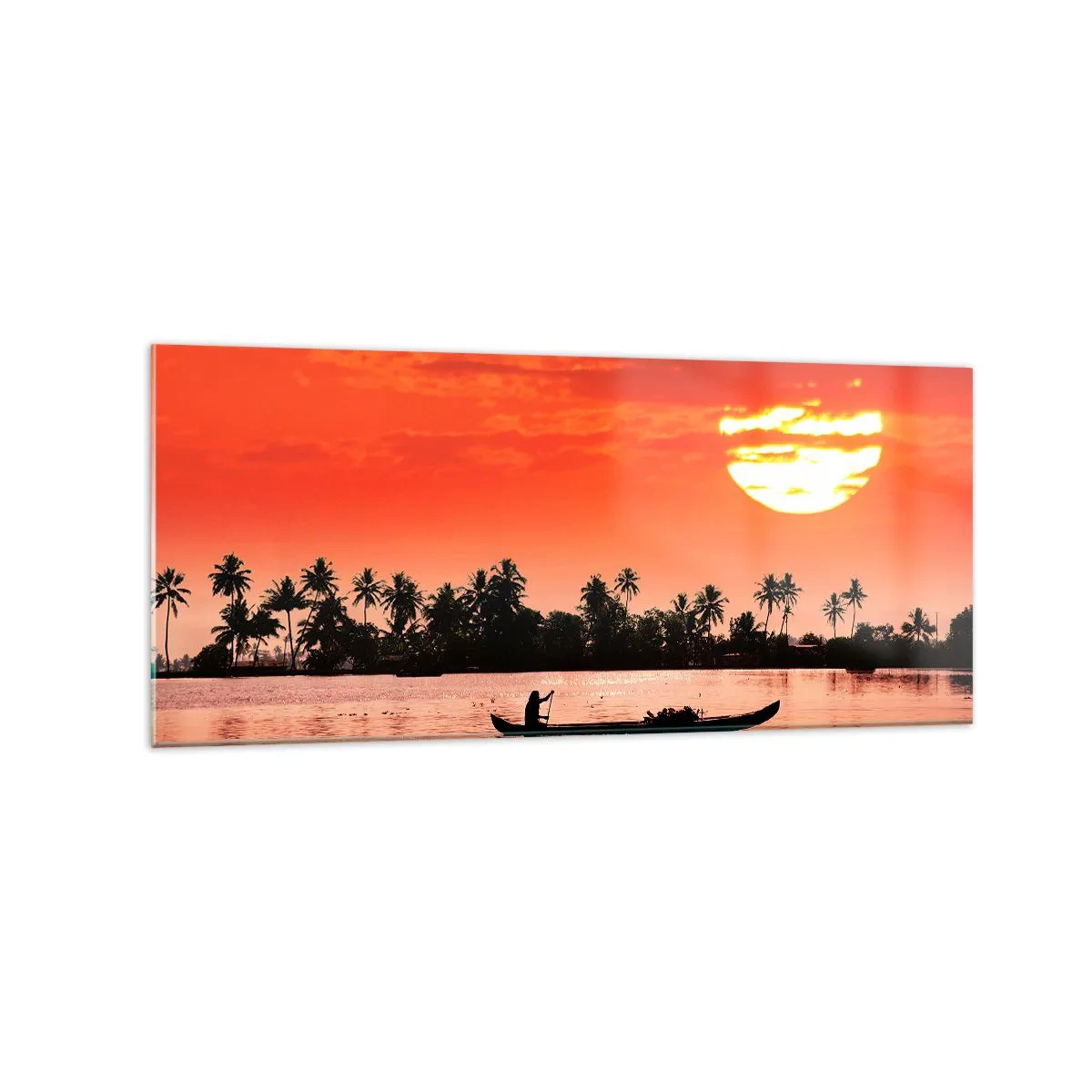 Glasbild - Bild auf glas - Tropischer Sonnenuntergang mit einem Boot und Palmen im Hintergrund - 120x50cm - Die Ruhe der Tropen bei Sonnenuntergang - Moderne Wanddekoration für Wohnzimmer und Schlafzimmer ARTTOR