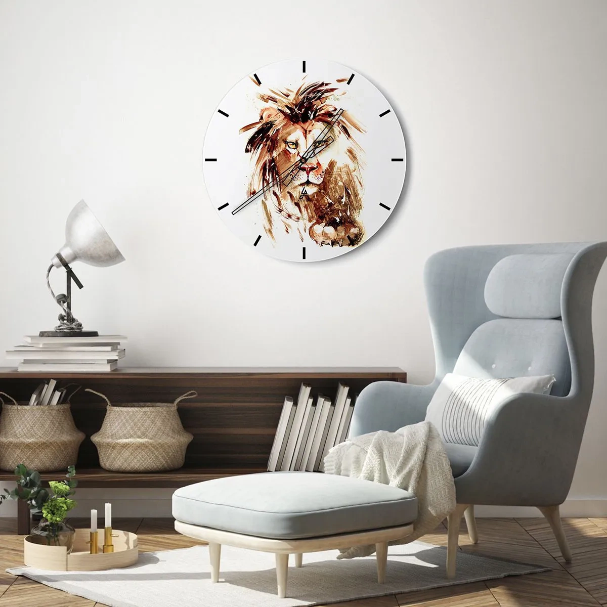 Wanduhr - Glasuhr - Porträt eines Löwen in Brauntönen in einer dynamischen künstlerischen Form - 30x30cm - Stärke und Würde - Moderne Wanddekoration für Wohnzimmer, Küche und Schlafzimmer ARTTOR