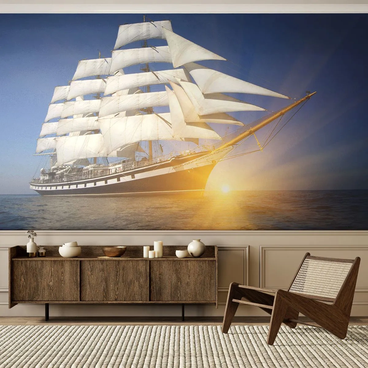 Fototapete Premium Sand - Ein Segelschiff bei Sonnenuntergang auf ruhiger See - 100x70cm - Ihre Zeit wird nie vergehen - Moderne Wanddekoration für Wohnzimmer und Schlafzimmer ARTTOR